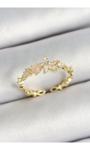 Pirinç Papatya Figürlü Zirkon Taşlı Gold Renk Ayarlanabilir Kadın Yüzük