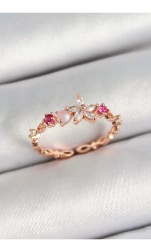 Pirinç Papatya Figürlü Zirkon Taşlı Rose Gold Renk Ayarlanabilir Kadın Yüzük