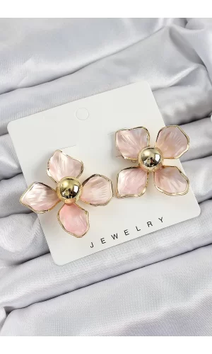 Pirinç Pembe Çiçek Vintage Model Gold Renk Kadın Küpe