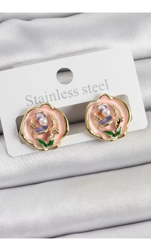 Pirinç Pembe Mineli Çiçek Figürlü Sanatsal Portre Model Gold Renk Kadın Küpe