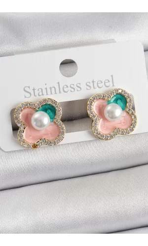 Pirinç Pembe Mineli İnci Detaylı Zirkon Taşlı Sanatsal Portre Yonca Model Gold Renk Kadın Küpe