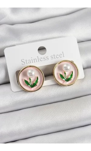 Pirinç Pembe Mineli Lale Figürlü Sanatsal Portre Model Gold Renk Kadın Küpe