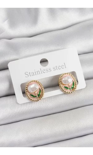 Pirinç Pembe Mineli Lale Figürlü Sanatsal Portre Model Gold Renk Kadın Küpe