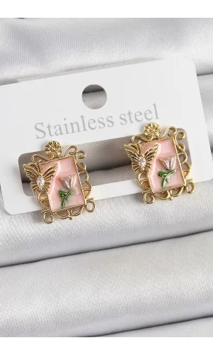 Pirinç Pembe Mineli Sanatsal Portre Model Gold Renk Kadın Küpe