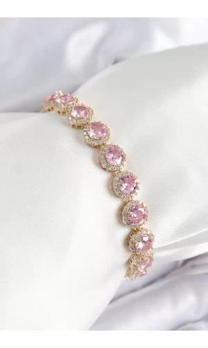 Pirinç Pembe Zirkon Taşlı Daire Baget Model Gold Renk VIP Seri Kadın Bileklik