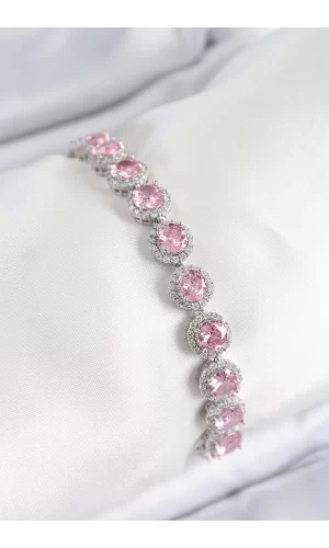 Pirinç Pembe Zirkon Taşlı Daire Baget Model Gümüş Renk VIP Seri Kadın Bileklik