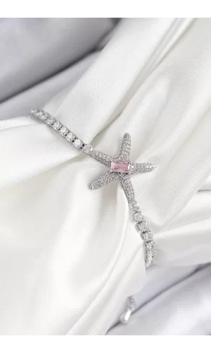 Pirinç Pembe Zirkon Taşlı Deniz Yıldızı Model Gümüş Renk Asansörlü Kadın Bileklik