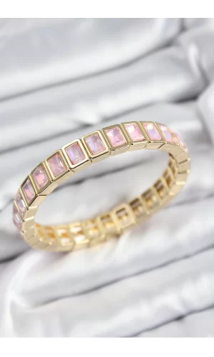 Pirinç Pembe Zirkon Taşlı Dikdörtgen Model Gold Renk Lastikli Kadın Bileklik