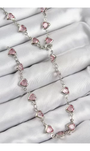 Pirinç Pembe Zirkon Taşlı Kalp Model Gümüş Renk Kadın Y Kolye