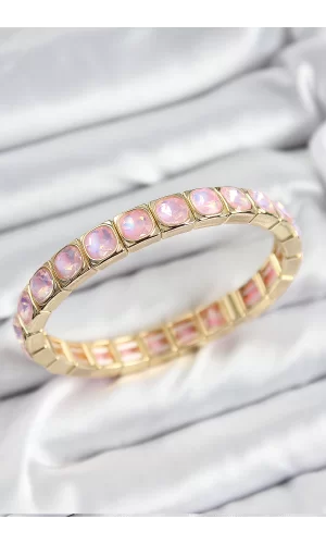 Pirinç Pembe Zirkon Taşlı Kare Model Gold Renk Lastikli Kadın Bileklik