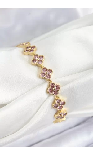 Pirinç Pembe Zirkon Taşlı Yonca Model Gold Renk VIP Seri Kadın Bileklik