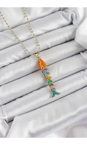 Pirinç Rainbow Balık Model Zirkon Taşlı Gold Renk Kadın Kolye