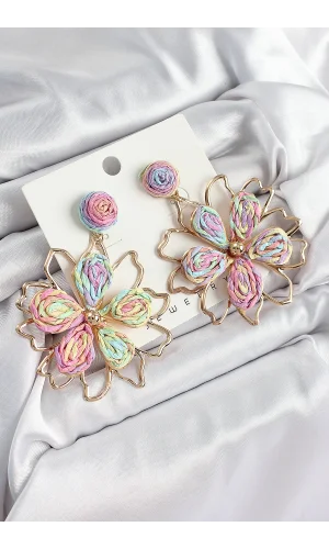 Pirinç Rainbow Çiçek Model Gold Renk Kadın Hasır Küpe