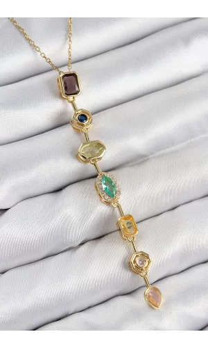 Pirinç Renkli Zirkon Taşlı Model Gold Renk Kadın Y Kolye
