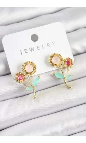 Pirinç Renkli Zirkon Taşlı Papatya Model Gold Renk Kadın Küpe