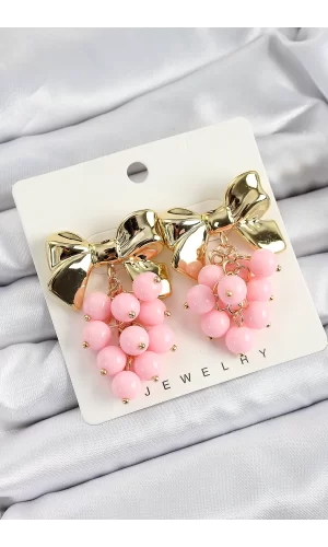 Pirinç Sallantılı Pembe Boncuklu Fiyonk Vintage Model Gold Renk Kadın Küpe