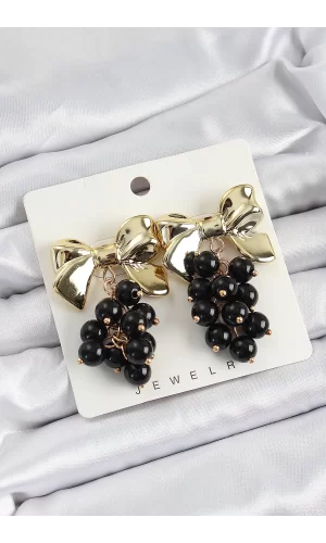 Pirinç Sallantılı Siyah Boncuklu Fiyonk Vintage Model Gold Renk Kadın Küpe