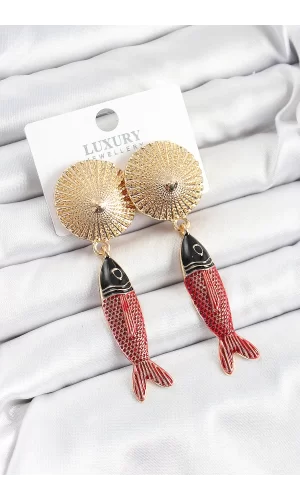 Pirinç Sallantılı Zirkon Taşlı Kırmızı Siyah Balık Model Gold Renk Kadın Küpe