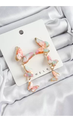 Pirinç Sedef Sallantılı Mermer Desenli Kelebek Model Gold Renk Vintage Kadın Küpe