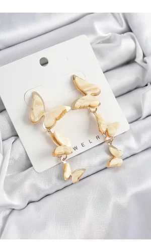 Pirinç Sedef Sallantılı Mermer Desenli Kelebek Model Gold Renk Vintage Kadın Küpe