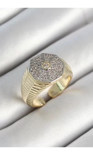 Pirinç Sekizgen Figür Zirkon Taşlı Gold Renk Ayarlanabilir Kadın Yüzük