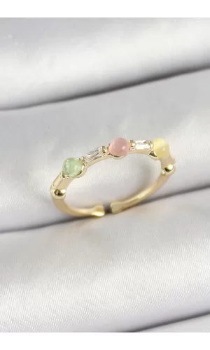 Pirinç Sıralı Boncuk Figürlü Zirkon Taşlı Gold Renk Ayarlanabilir Kadın Yüzük