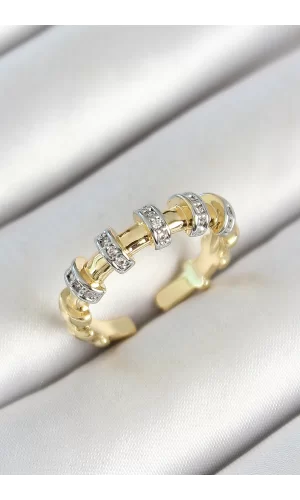 Pirinç Sıralı Daire Figürlü Zirkon Taşlı Gold Renk Ayarlanabilir Kadın Yüzük