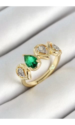 Pirinç Sıralı Damla Figürlü Zirkon Taşlı Gold Renk Ayarlanabilir Kadın Yüzük
