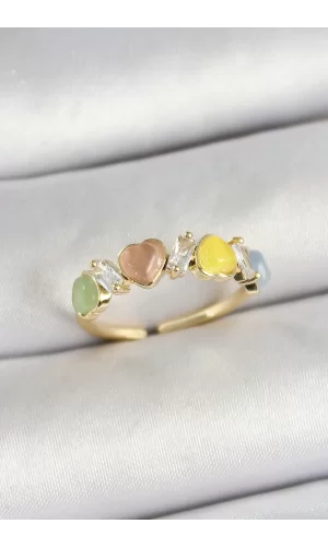 Pirinç Sıralı Kalp Figürlü Zirkon Taşlı Gold Renk Ayarlanabilir Kadın Yüzük