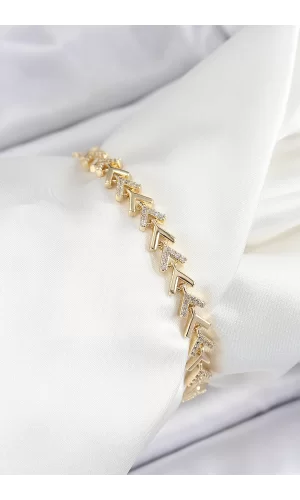 Pirinç Sıralı Ok Model Zirkon Taşlı Gold Renk VİP Seri Kadın Bileklik