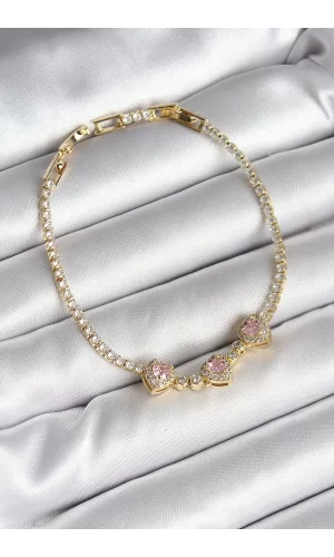 Pirinç Sıralı Pembe Kalp Figürlü Zirkon Taşlı Gold Renk Kadın Bileklik