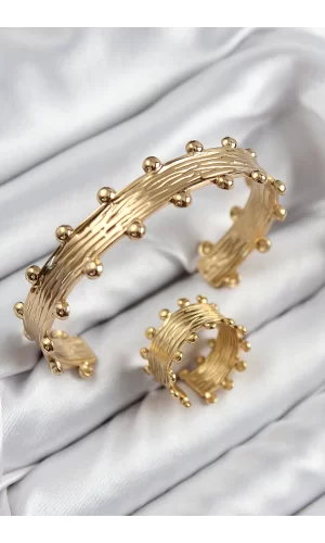 Pirinç Topcuk Model Gold Renk Bileklik Yüzük Set