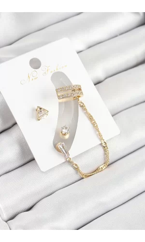 Pirinç Üçgen Figürlü Zirkon Taşlı Gold Renk 3lü Kıkırdak Kadın Küpe Set