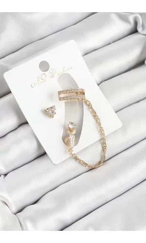 Pirinç Üçgen Figürlü Zirkon Taşlı Gold Renk 3lü Kıkırdak Kadın Küpe Set