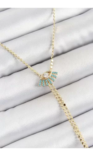 Pirinç Zirkon Taşlı Göz Figürlü Y Model Ezme Zincir Gold Renk Kadın Kolye