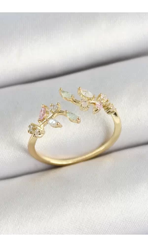 Pirinç Yaprak Figürlü Zirkon Taşlı Gold Renk Ayarlanabilir Kadın Yüzük