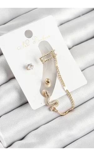 Pirinç Yılan Figürlü Zirkon Taşlı Gold Renk 3lü Kıkırdak Kadın Küpe Set