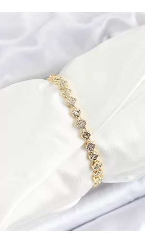 Pirinç Yonca Model Zirkon Taşlı Gold Renk VİP Seri Kadın Bileklik