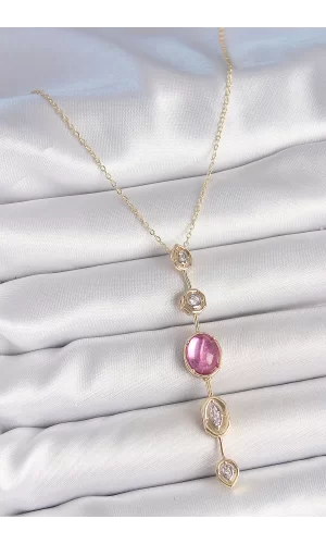 Pirinç Zincir Gold Renk Pembe Zirkon Taşlı Y Kolye
