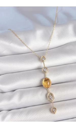 Pirinç Zincir Kehribar Sarı Gold Renk  Zirkon Taşlı Y Kolye