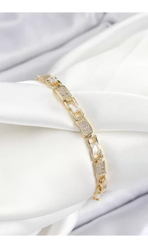 Pirinç Zincir Model Zirkon Taşlı Gold Renk VİP Seri Kadın Bileklik