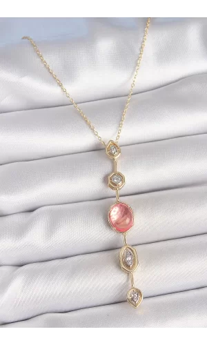 Pirinç Zincir Pembe Gold Renk Zirkon Taşlı Y Kolye