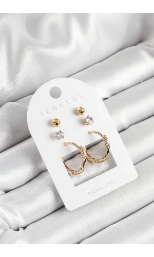 Pirinç Zirkon Taş Ve Halka Figürlü Gold Renk 3lü Çift Kadın Küpe Set
