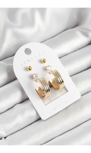 Pirinç Zirkon Taş Ve Halka Figürlü Gold Renk 3lü Çift Kadın Küpe Set