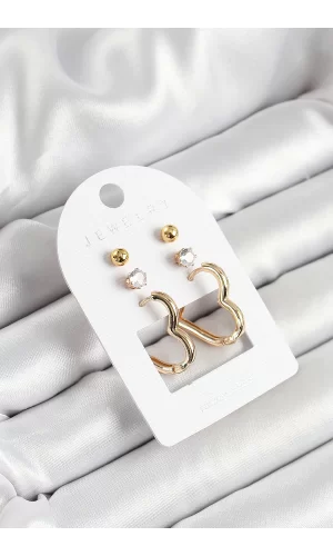 Pirinç Zirkon Taş Ve Kalp Figürlü Gold Renk 3lü Çift Kadın Küpe Set