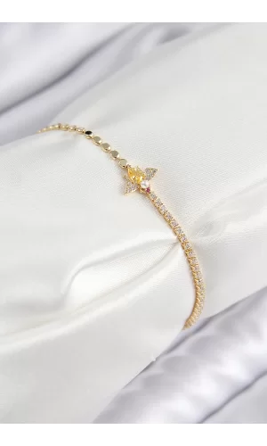Pirinç Zirkon Taşlı Arı Model Ezme Zincir Gold Renk Kadın Bileklik