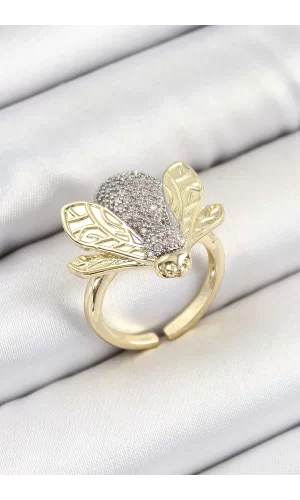 Pirinç Zirkon Taşlı Arı Model Gümüş Ve Gold Renk Kadın Yüzük