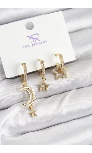 Pirinç Zİrkon Taşlı Ay Ve Hilal Model Gold Renk 3lü Kadın Küpe
