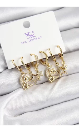 Pirinç Zİrkon Taşlı Ay ve Yıldız Model Gold Renk 3lü Çift Kadın Küpe