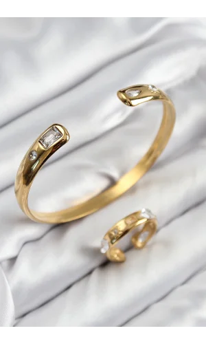 Pirinç Zirkon Taşlı Ayrık Model Gold Renk Bileklik Yüzük Set